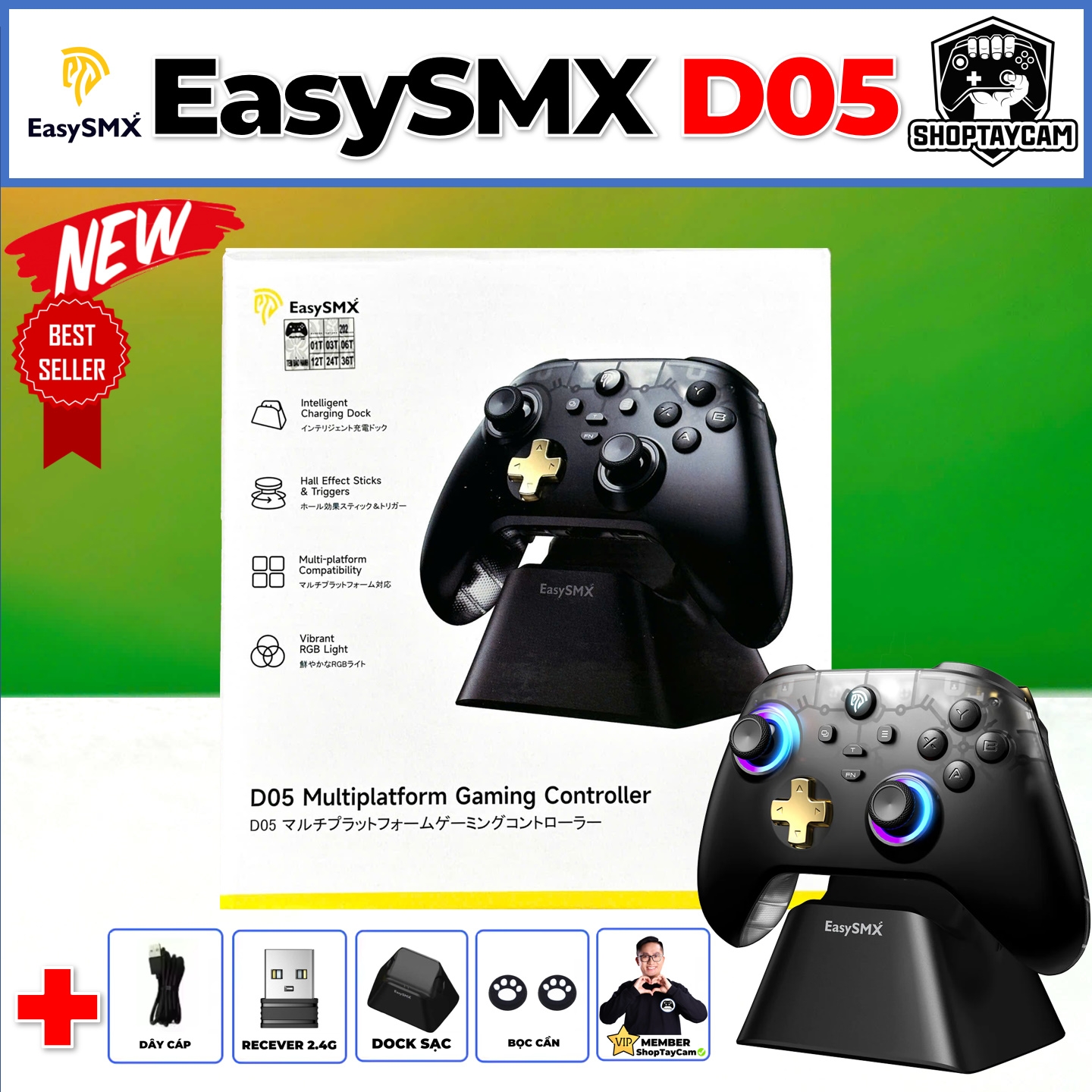 Tay Cầm EasySMX D05 Chính Hãng Không Dây 2.4G, 1000Hz, Hall Effect, Led RGB Chơi FCO, PC, IOS, Android, Switch