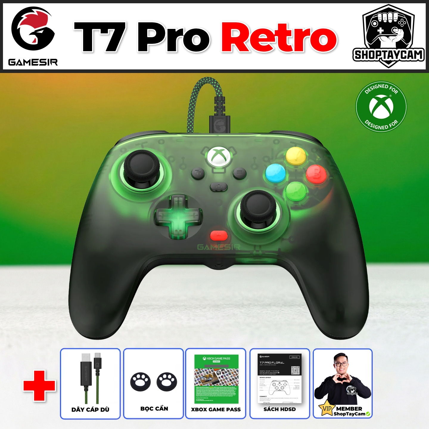 Tay Cầm GameSir T7 Pro Retro Green Wired Controller for Xbox, PC Mobile – T7 Pro Có Dây, 1000Hz, Cần Hall Effect