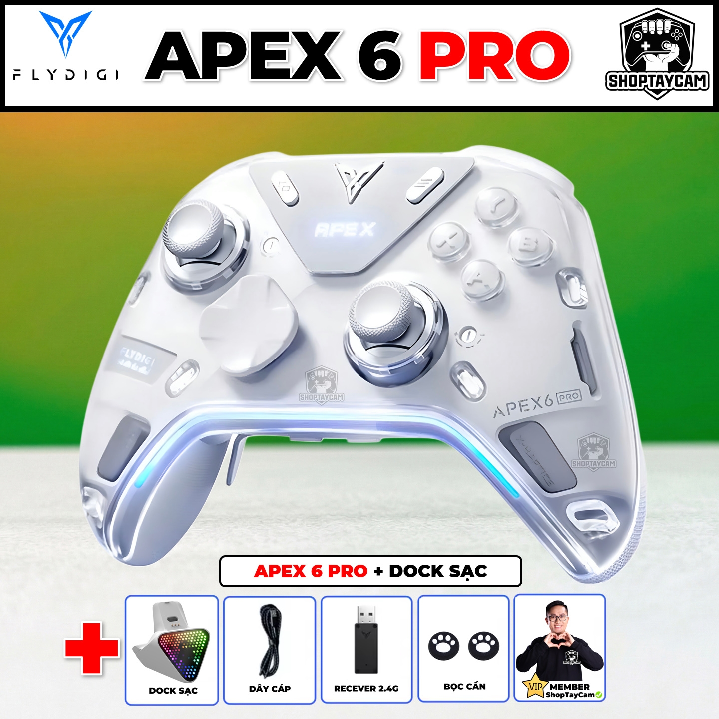 Apex 6 Pro – Tay Cầm Flydigi Apex 6 Pro X-Haptics 4 Motor VCM, Cần TMR, Màn Hình 2.0 | KÈM DOCK SẠC