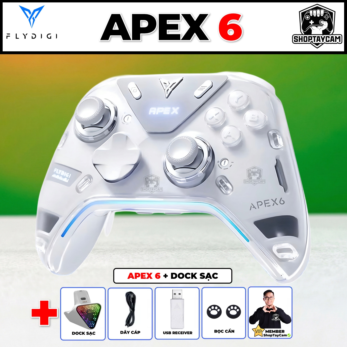 Apex 6 – Tay Cầm Flydigi Apex 6 Với X-Haptics 2 Motor VCM, Cần TMR 3.0, Màn Hình 2.0 | KÈM DOCK SẠC