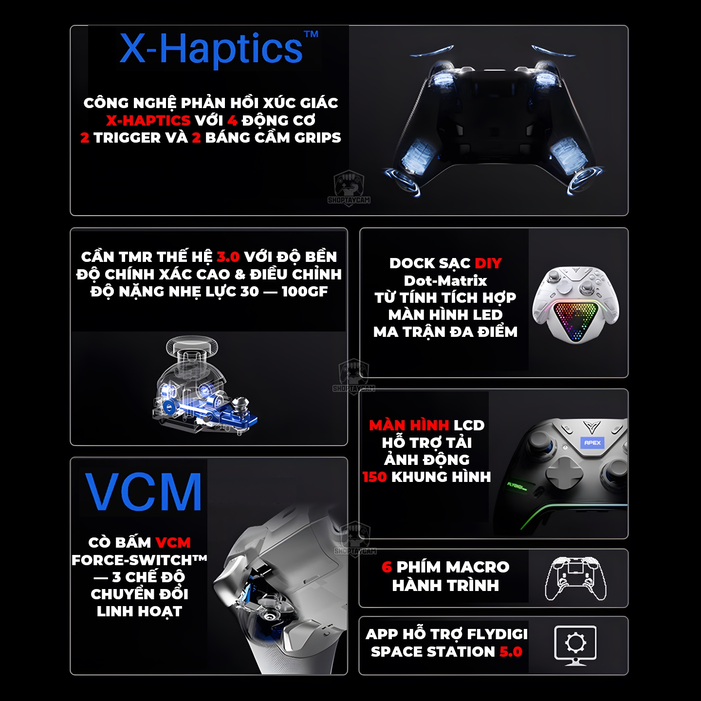 Apex 6 Pro – Tay Cầm Flydigi Apex 6 Pro X-Haptics 4 Motor VCM, Cần TMR, Màn Hình 2.0 với thông số kỹ thuật và tính năng vượt trội