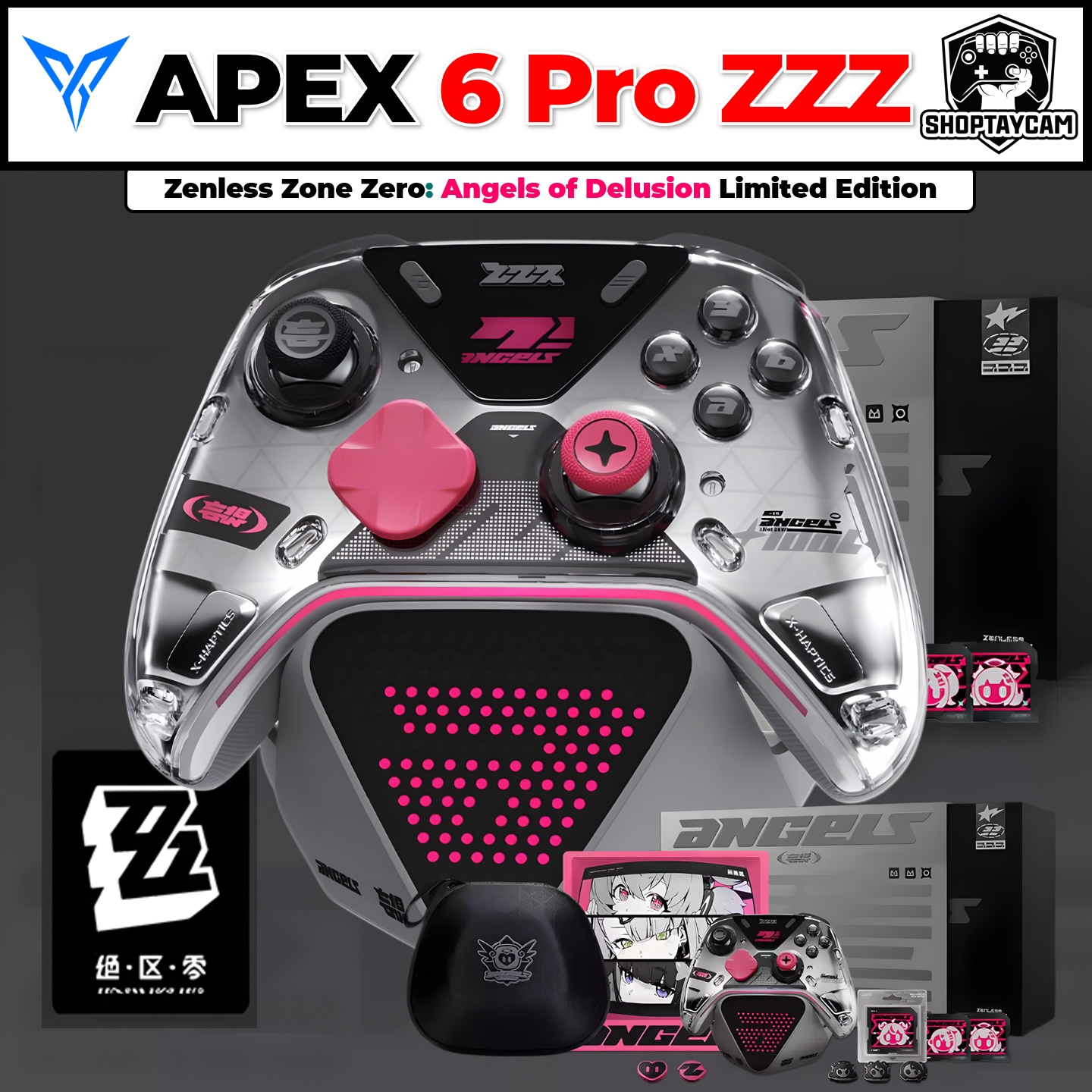 Tay Cầm Flydigi Apex 6 Pro ANGELS Zenless Zone Zero ZZZ Edition Với X-Haptics 4 Motor VCM, Cần TMR, Màn Hình 2.0 | FULL OPTION